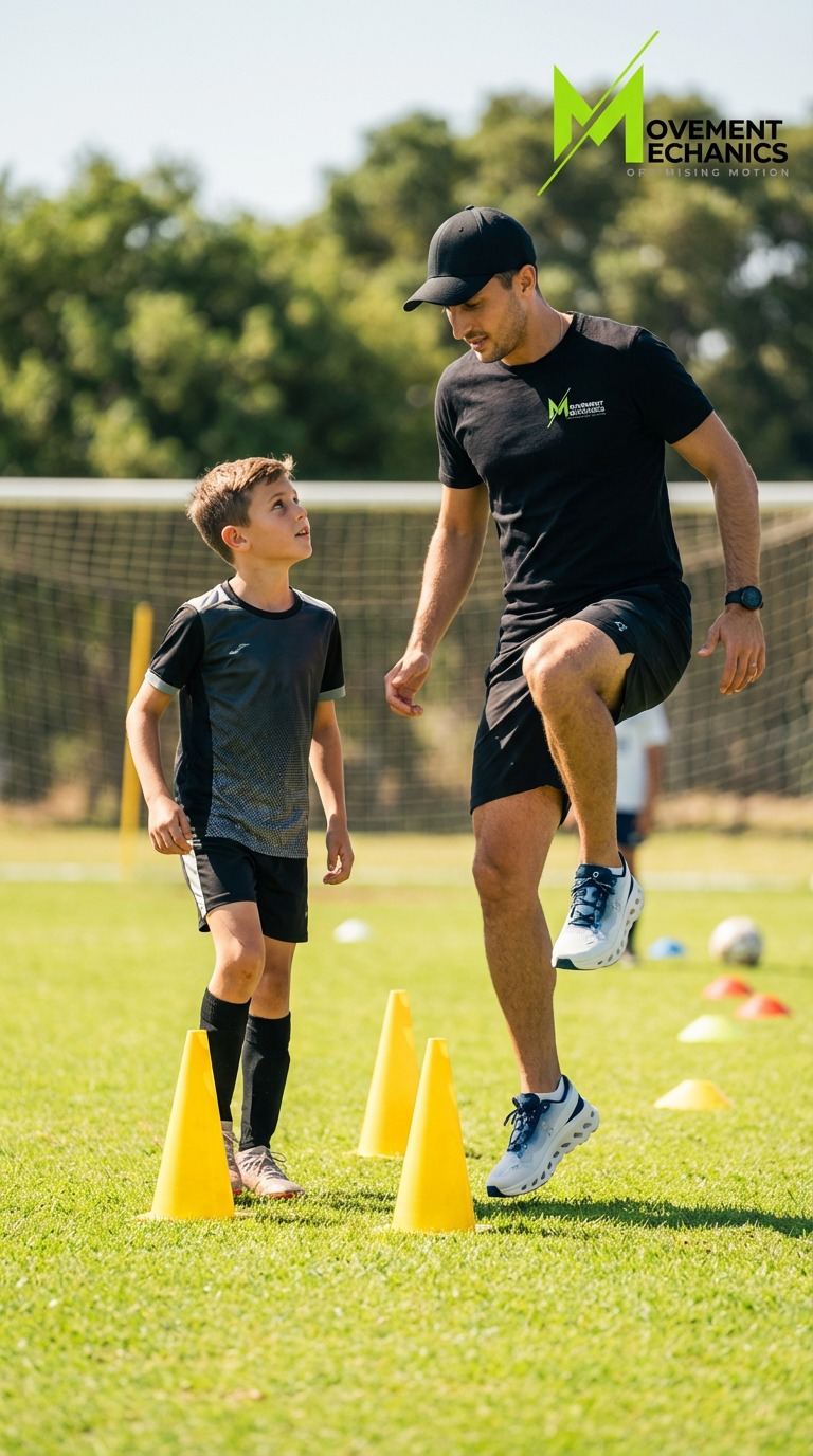 Coach working with a young athlete on agility drills